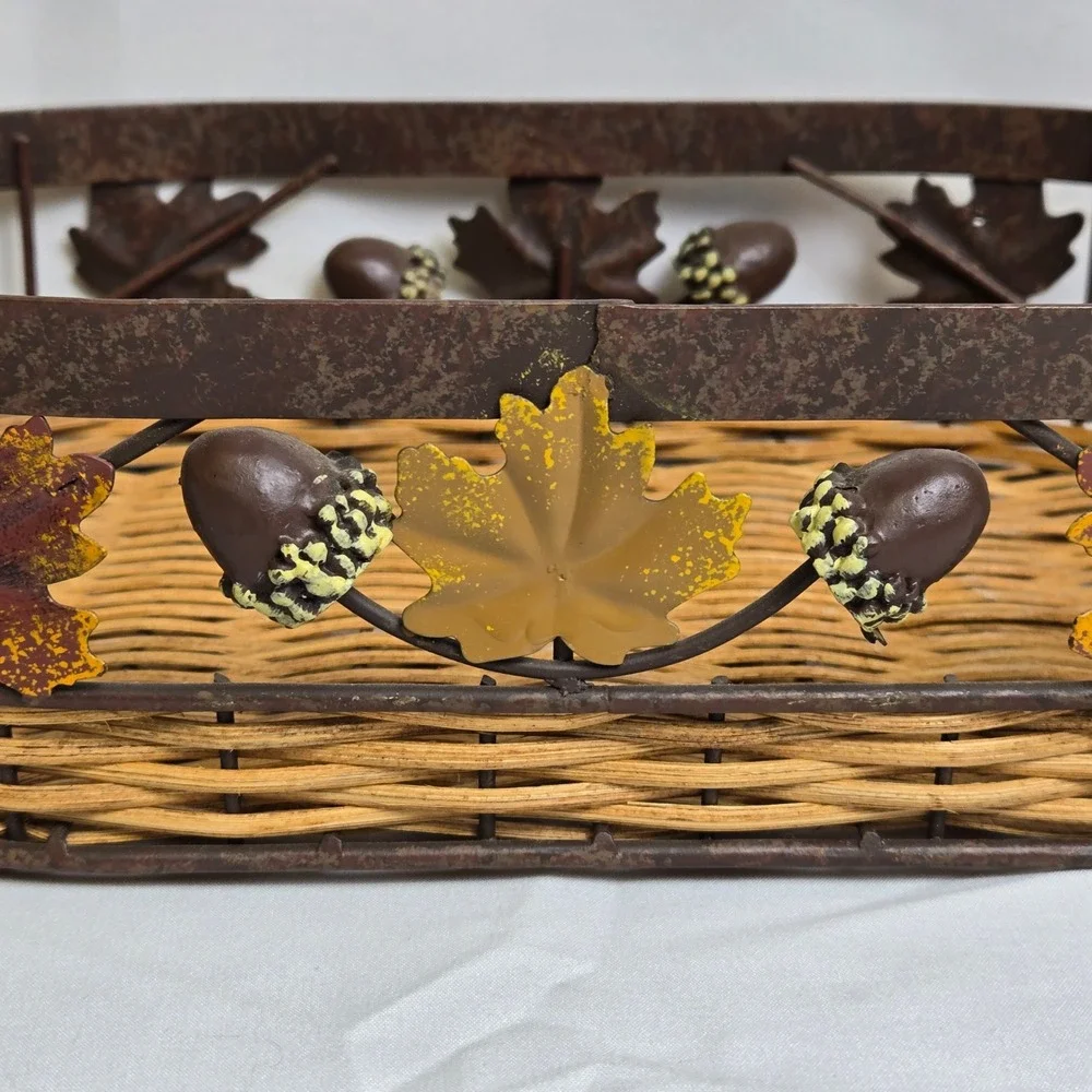 Decorative Basket Woven Wicker Base Metal Rim With Fall Autumn Leaves Acorns 11